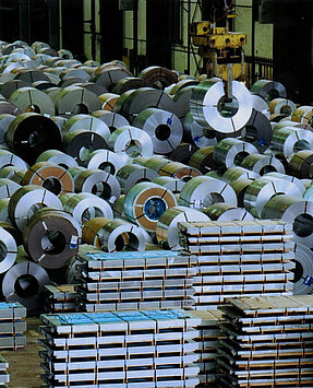Sheet metal rolls in a warehouse